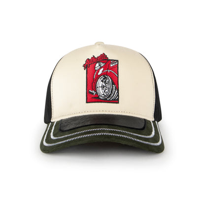 CREAM CAP WITH DECORATIVE SUEDE & LEATHER VISOR