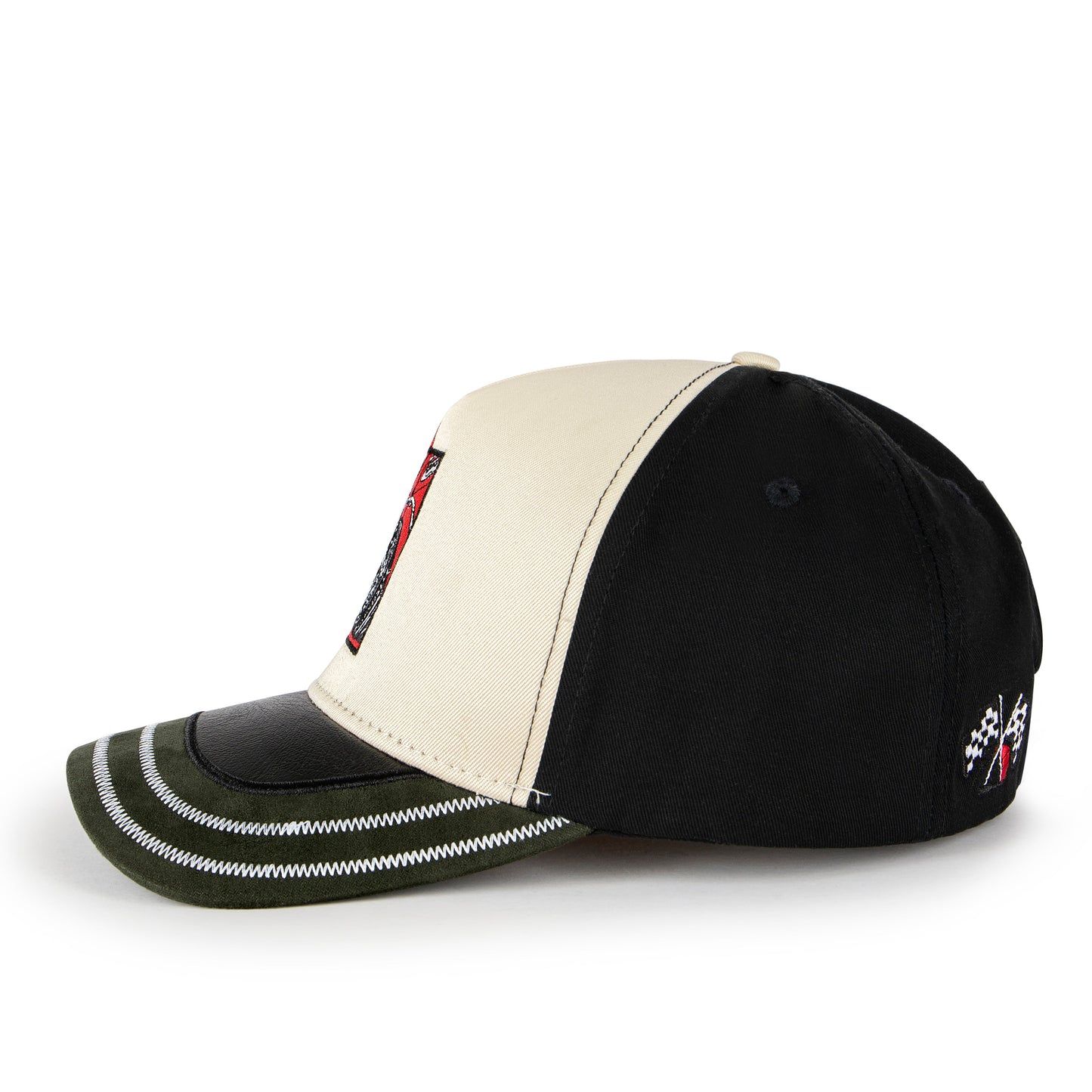 Black and beige baseball cap with embroidered details on a white background