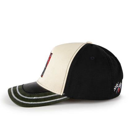 Black and beige baseball cap with embroidered details on a white background