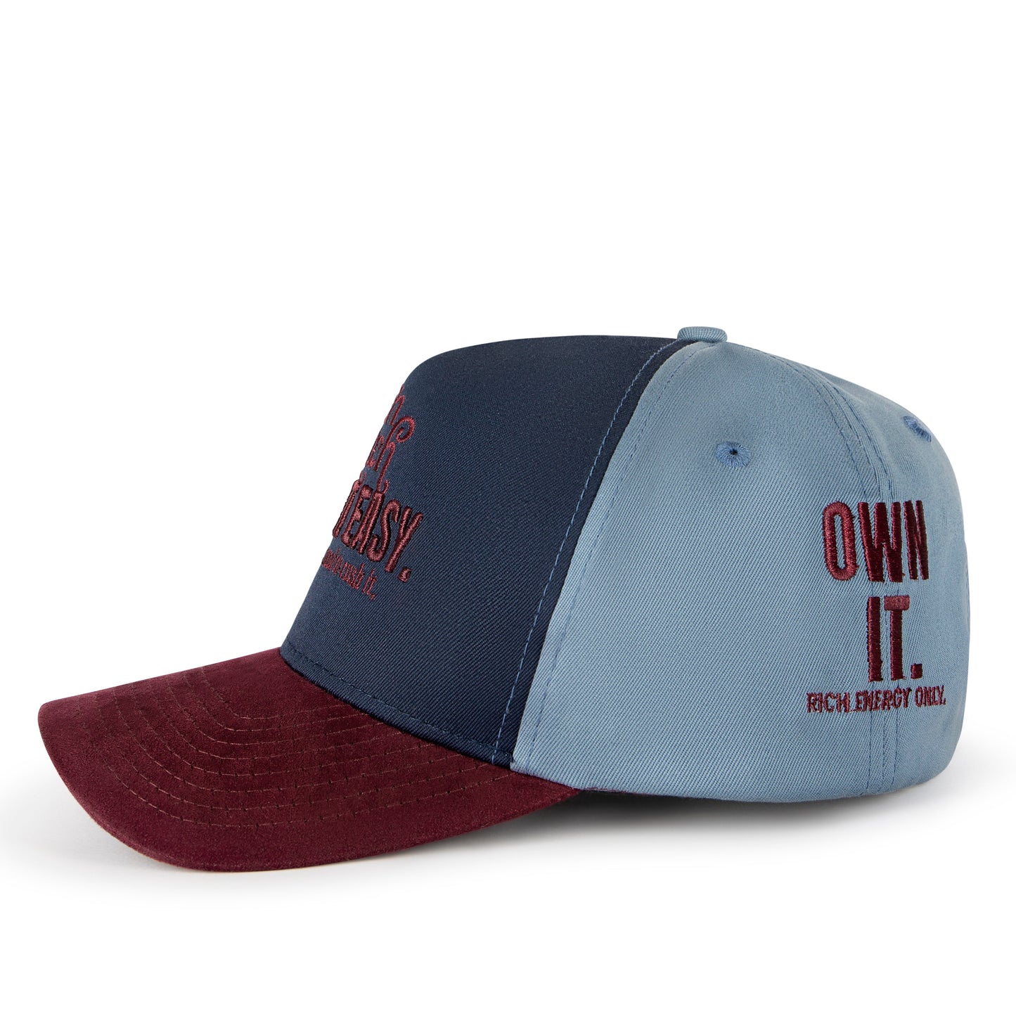 Two-tone cap with text on a white background