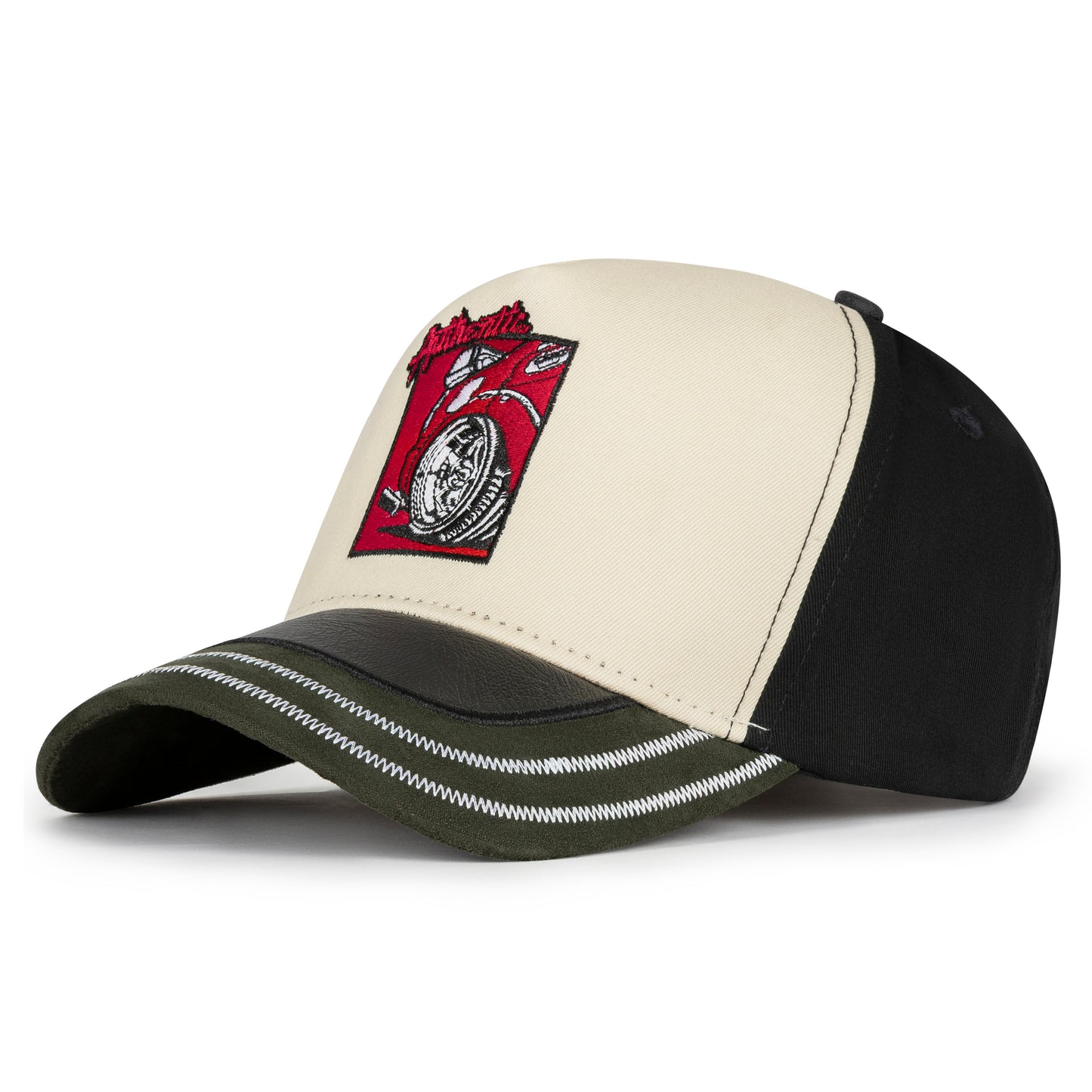 Two-tone cap with a red and black logo on a white background