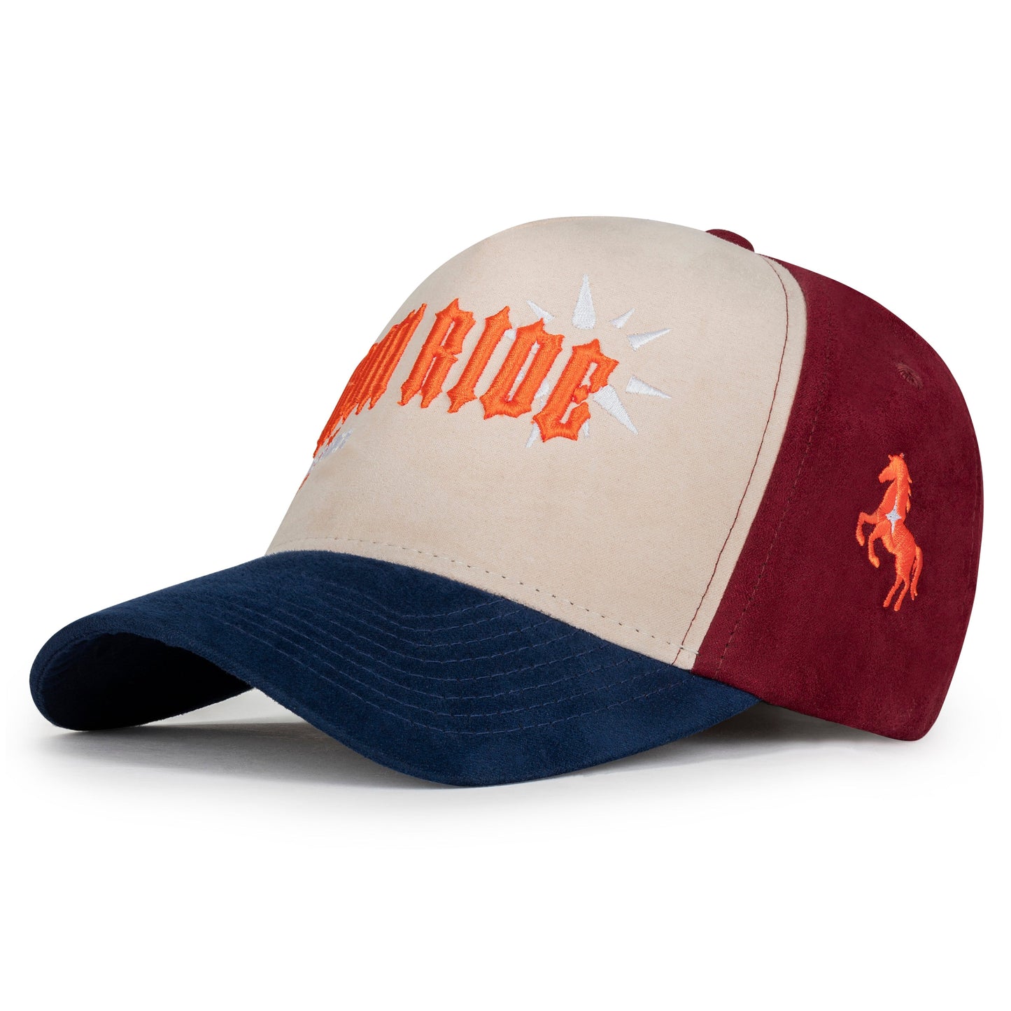 Color-blocked cap with text and logo on a white background