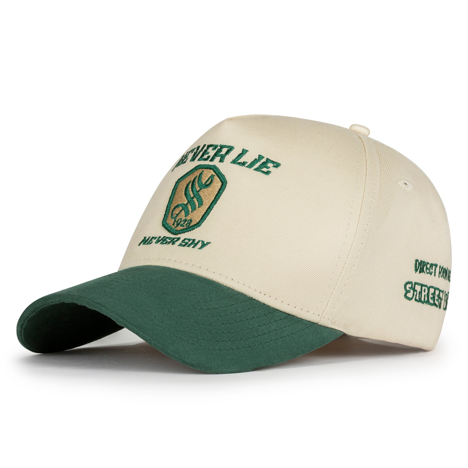 Two-tone cap with green and beige colors on a white background