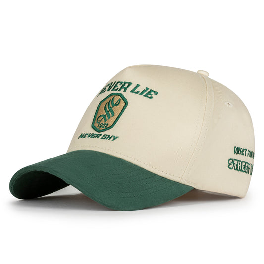 Two-tone cap with green and beige colors on a white background