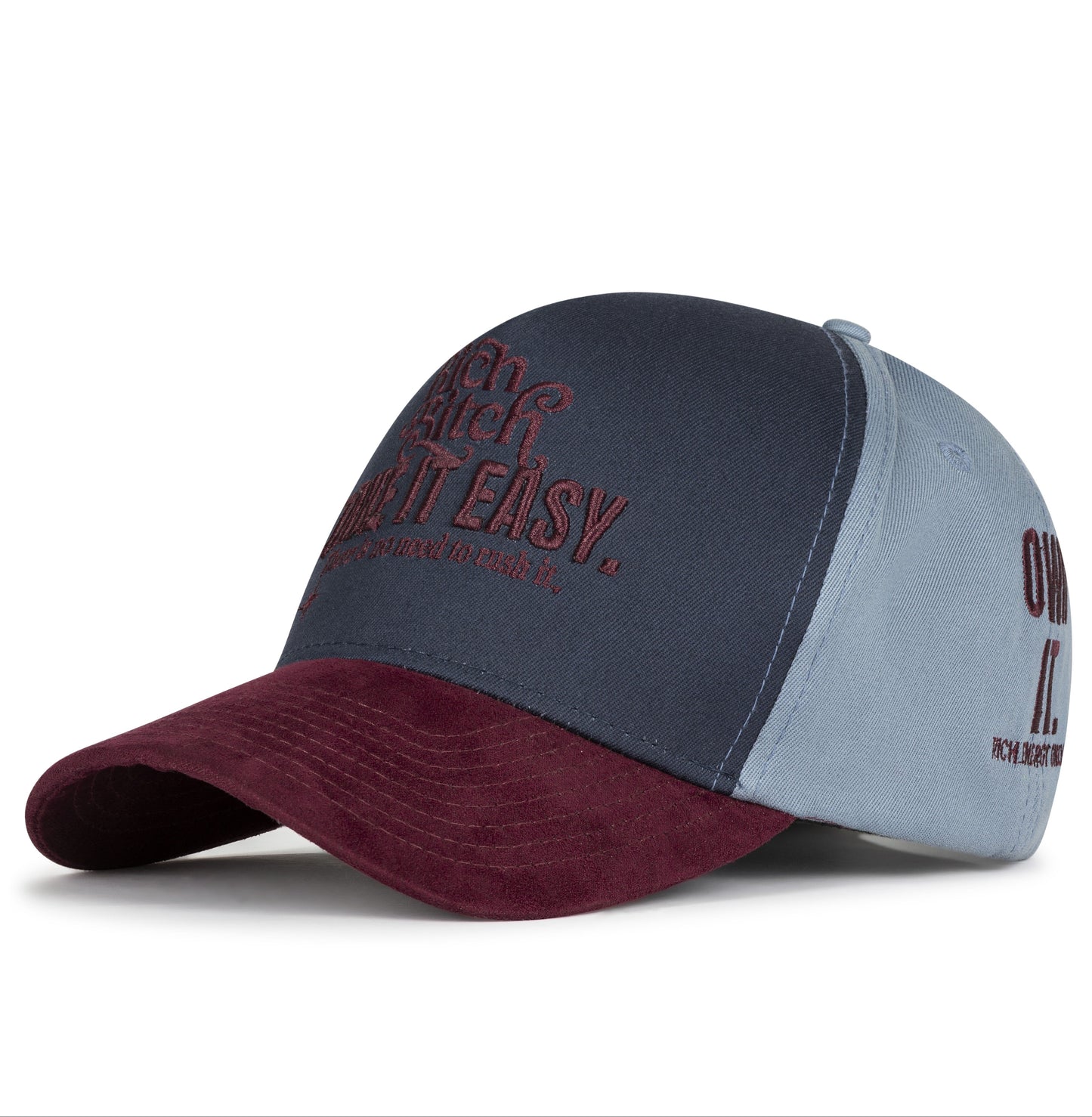 Two-tone cap with maroon and gray design on a white background