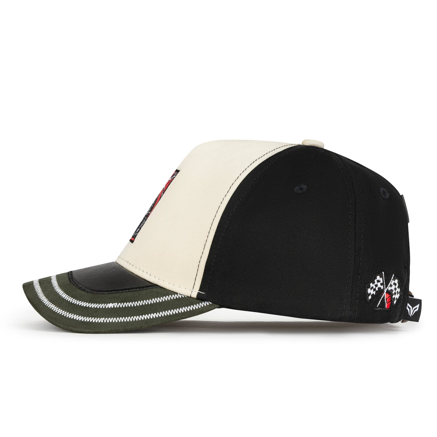 Black and white cap with racing-themed designs on a white background