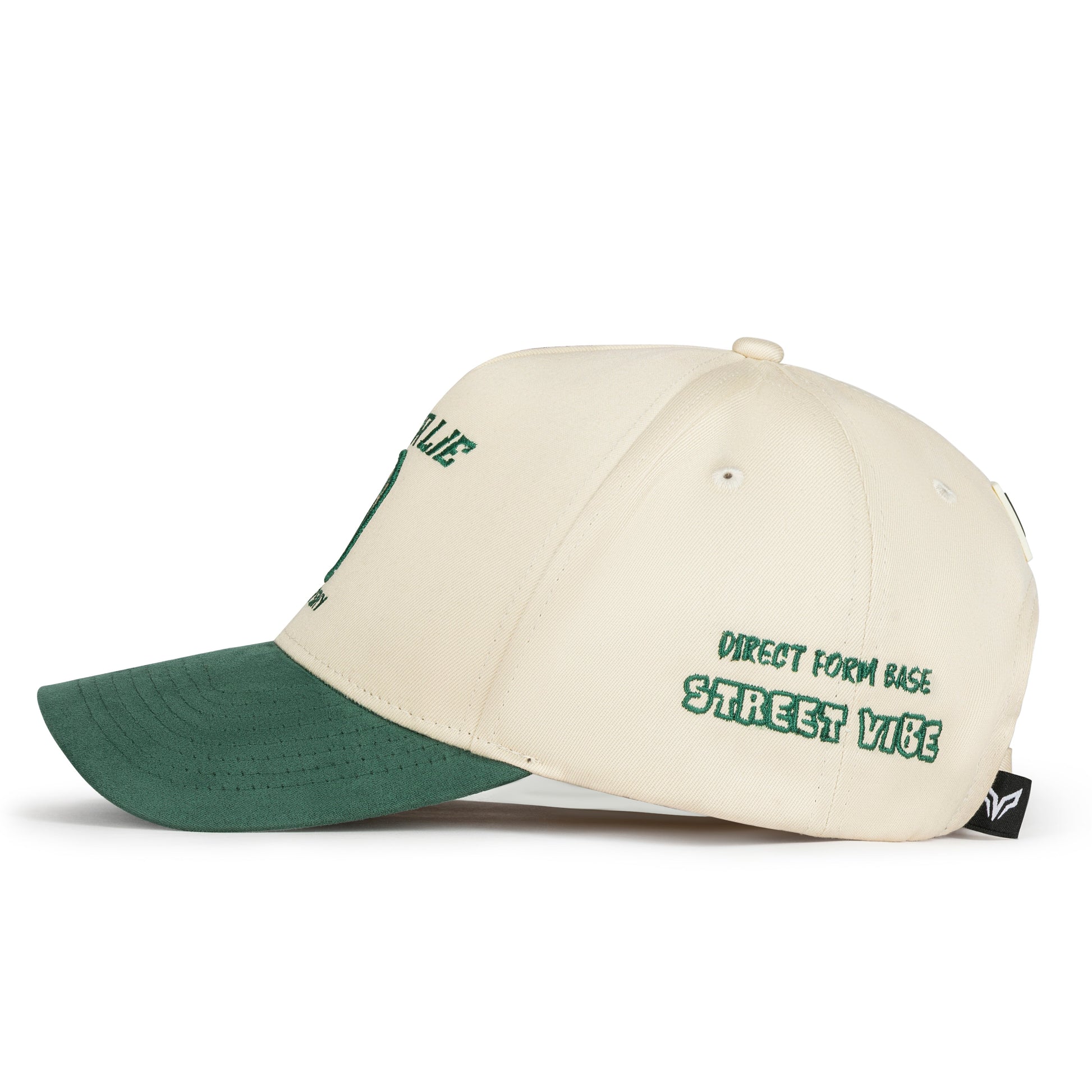 Two-tone cap with green brim and beige top on a white background