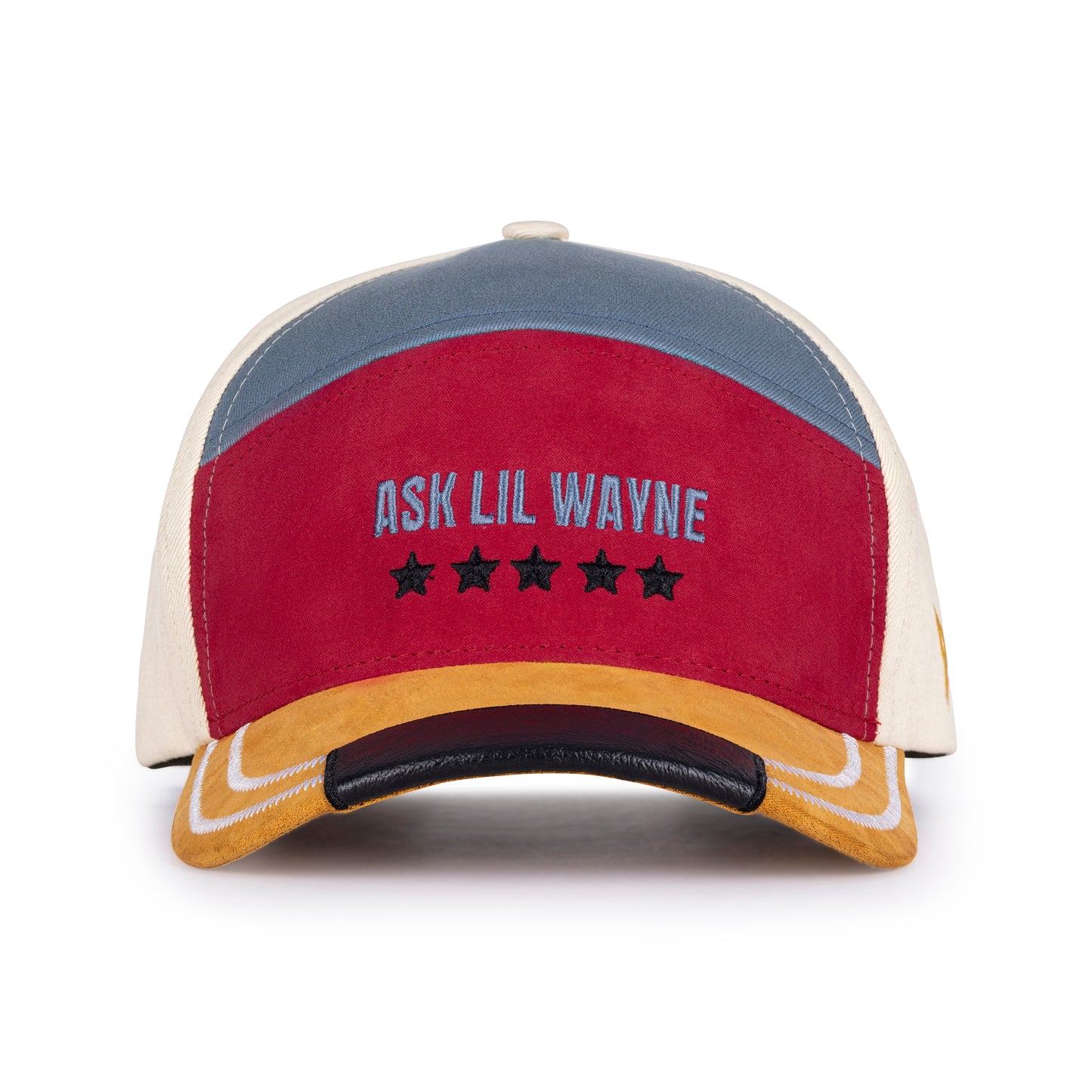 Colorful cap with 'Ask Lil Wayne' text on a white background