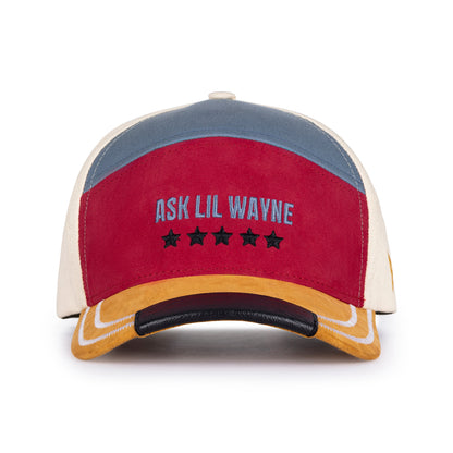 Colorful cap with 'Ask Lil Wayne' text on a white background