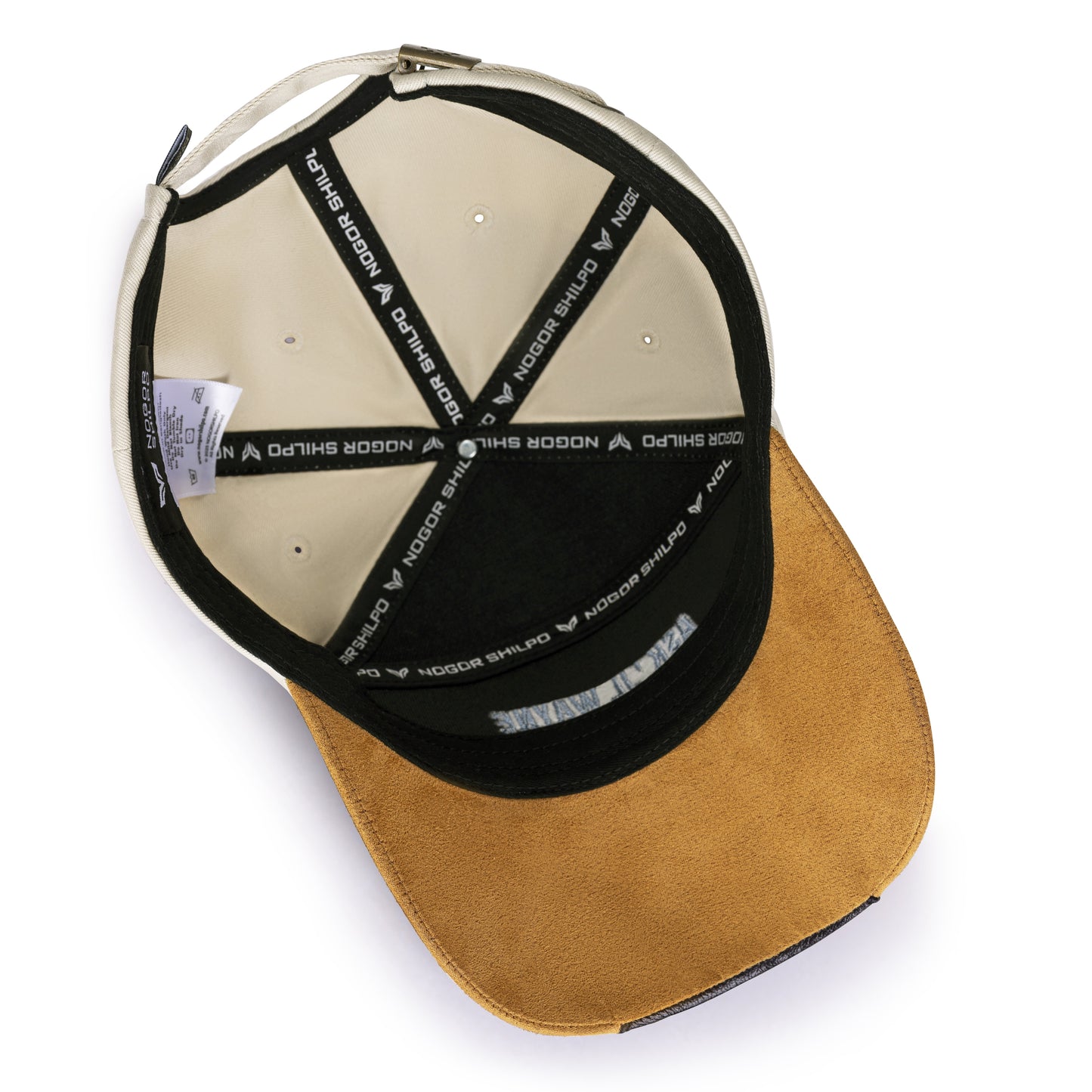 Brown cap with black brim and visible branding on a white background