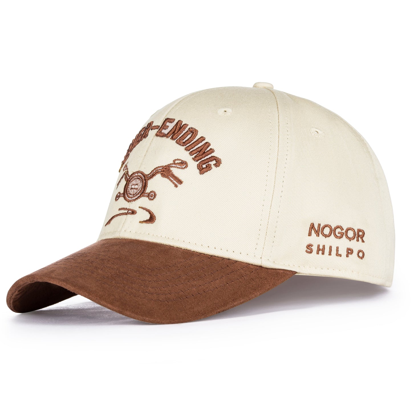 Beige and brown cap with text and logo on a white background