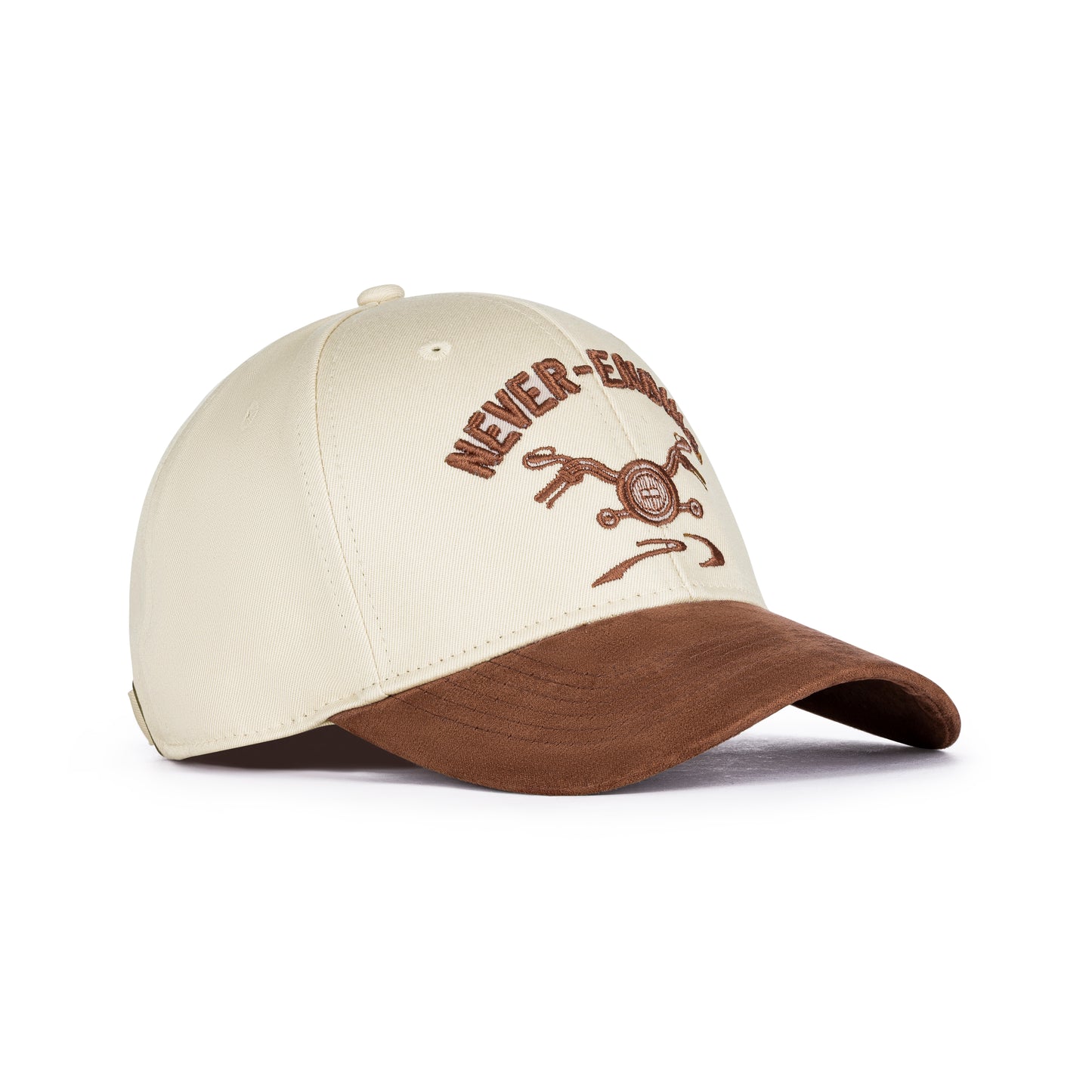 Beige and brown cap with 'Never-Ending' text and design on a white background