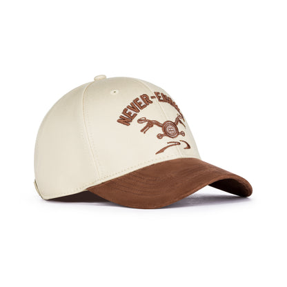 Beige and brown cap with 'Never-Ending' text and design on a white background