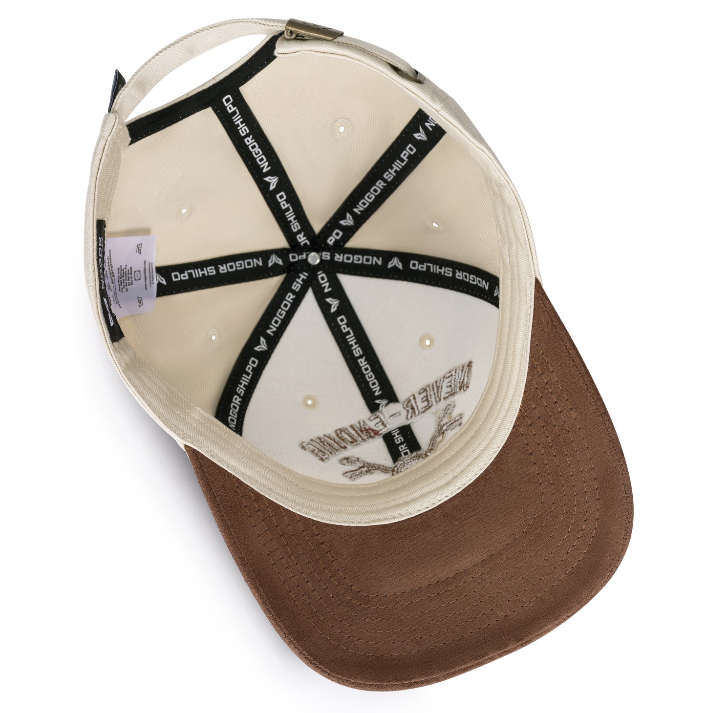 Brown cap with white interior and black text on a white background