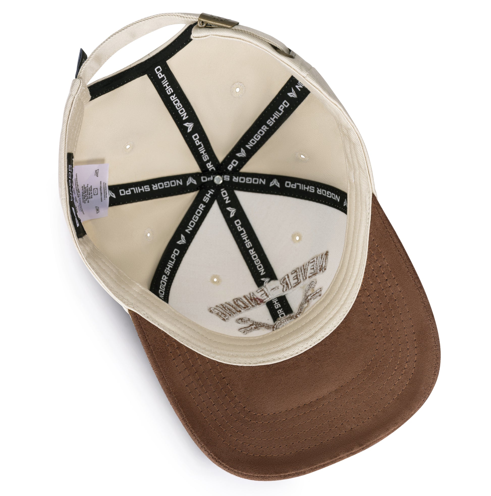 Brown cap with white interior and black text on a white background