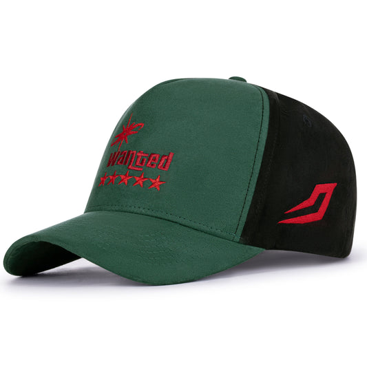 Green and black cap with red branding on a white background