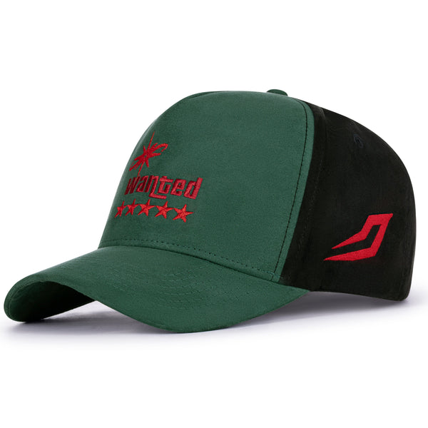 Green and black cap with red branding on a white background