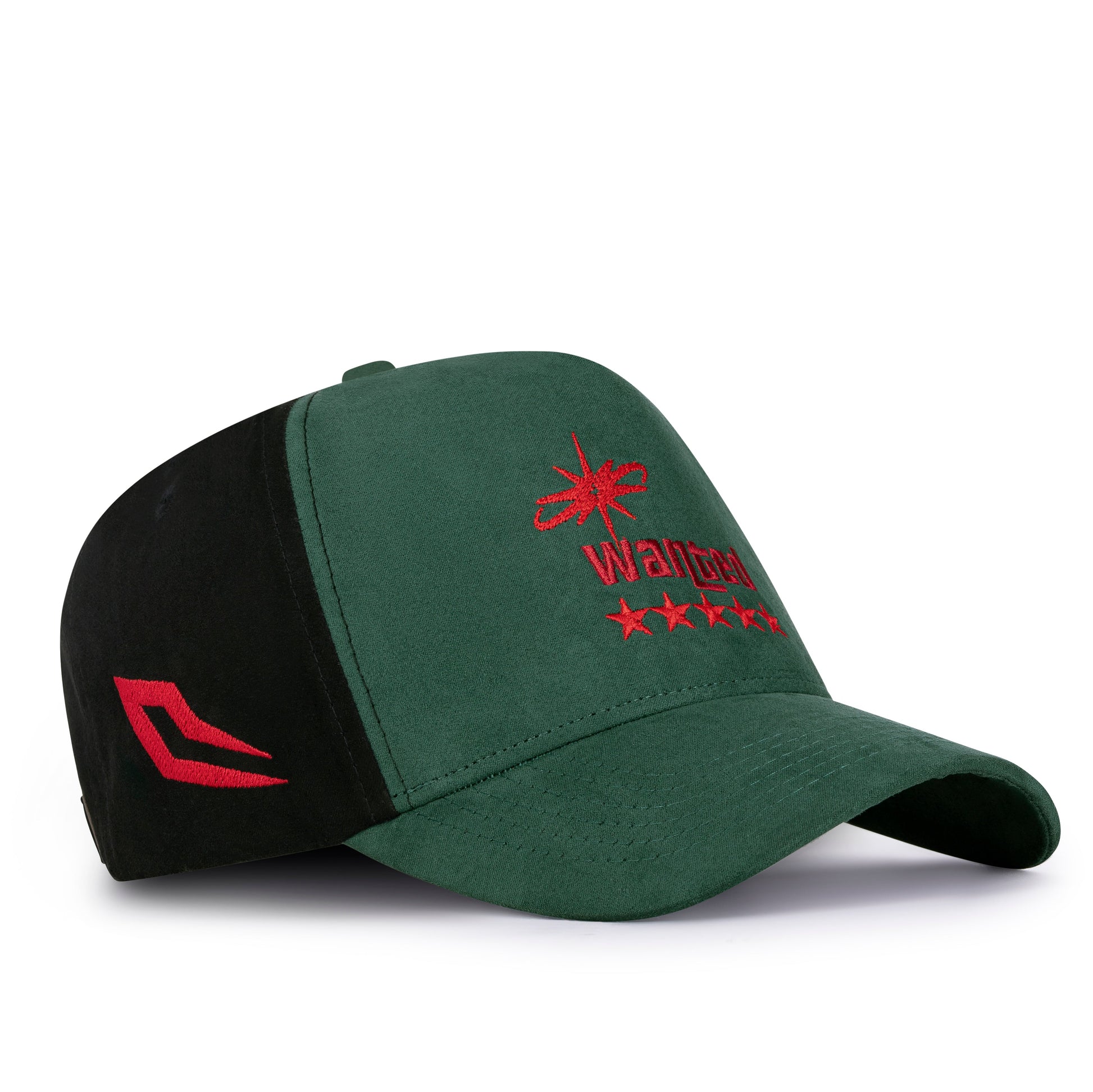 Green and black cap with red logo on a white background