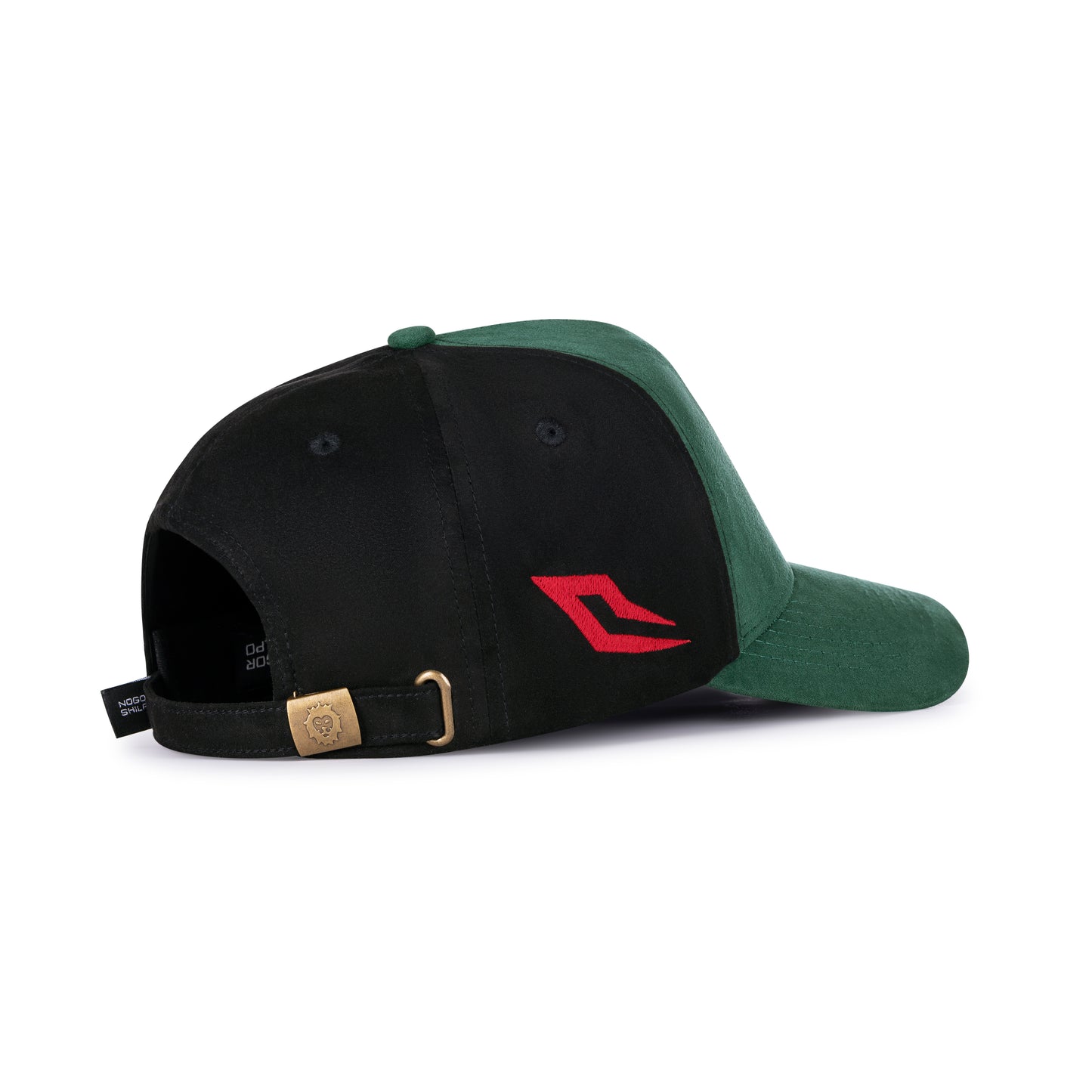 Two-tone black and green cap with a red logo on a white background