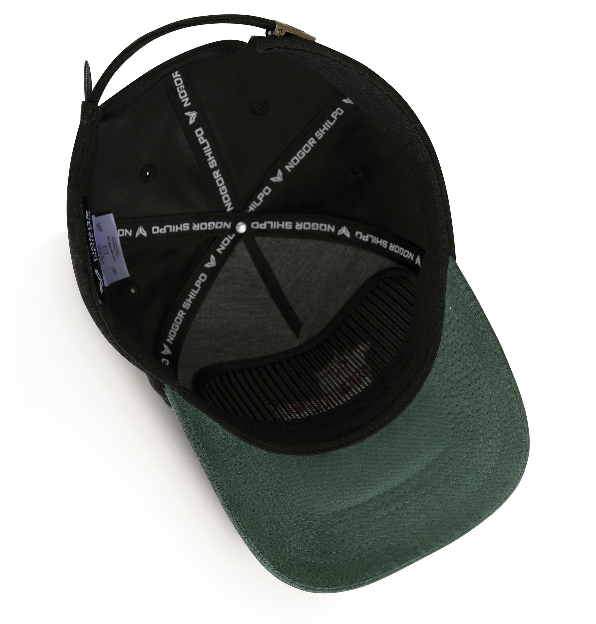 Black and green cap with branding on a white background