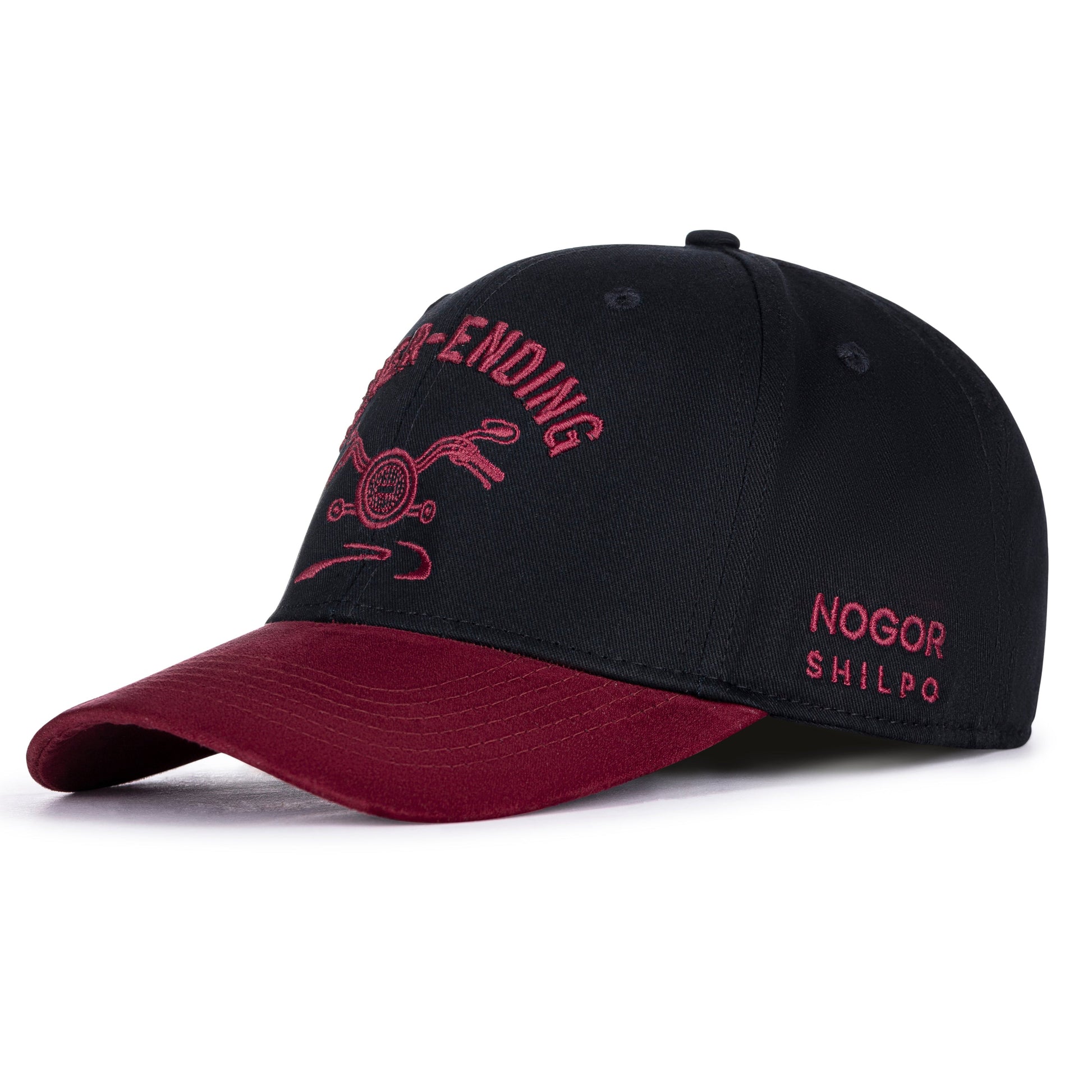 Black and maroon cap with branding on a white background