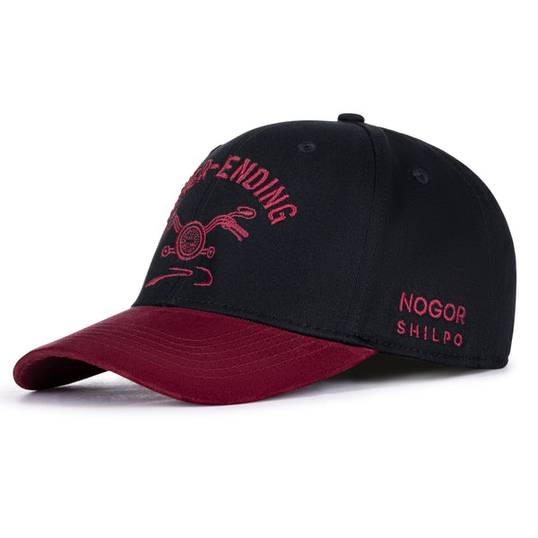 Black and maroon cap with branding on a white background