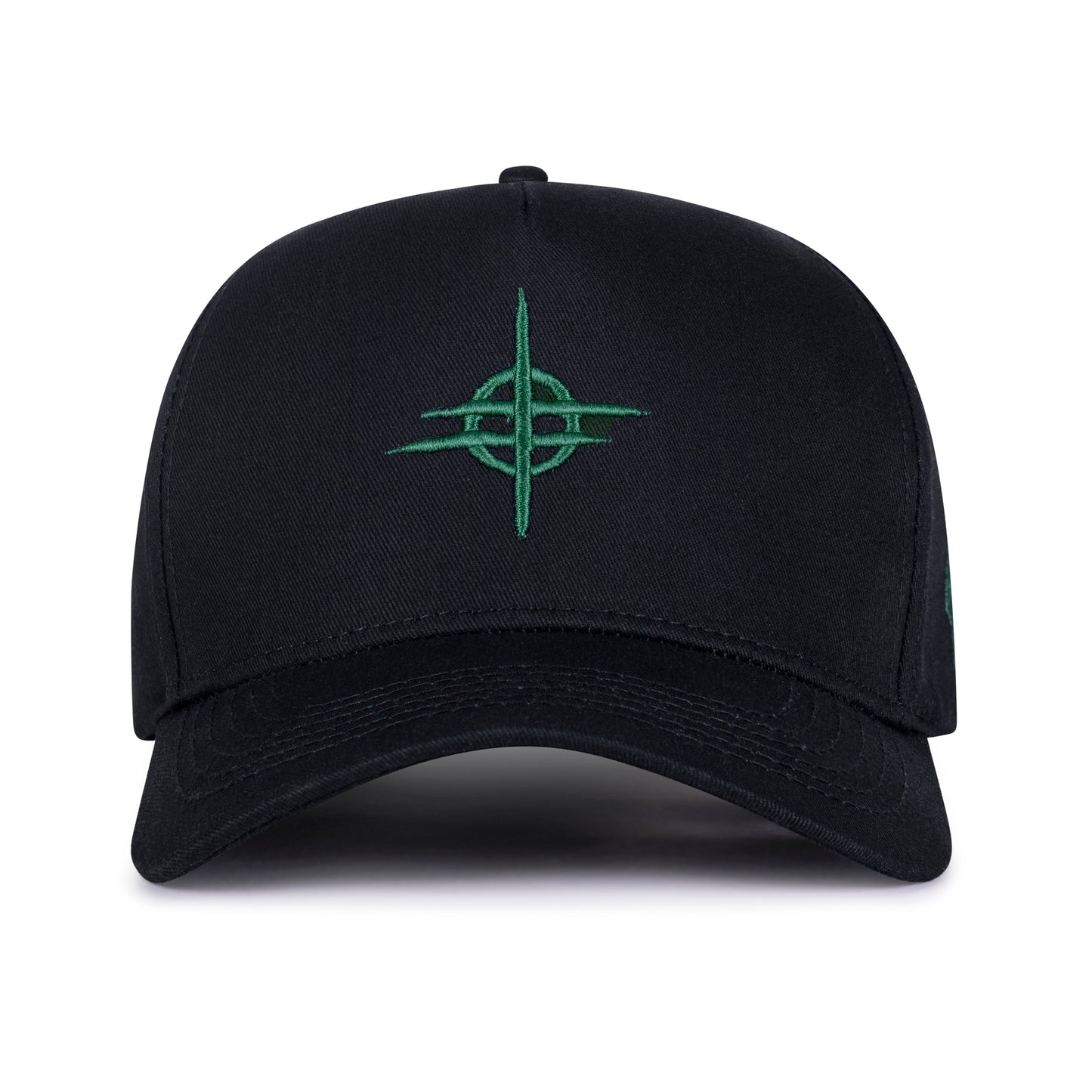Black cap with a green logo on a white background