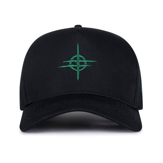 Black cap with a green logo on a white background