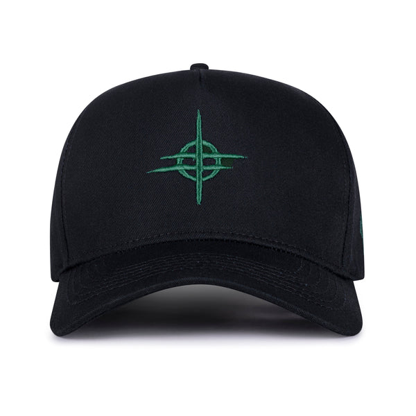 Black cap with a green logo on a white background