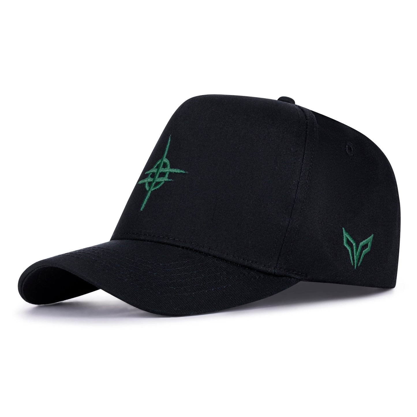 Black cap with green embroidered logo on a white background