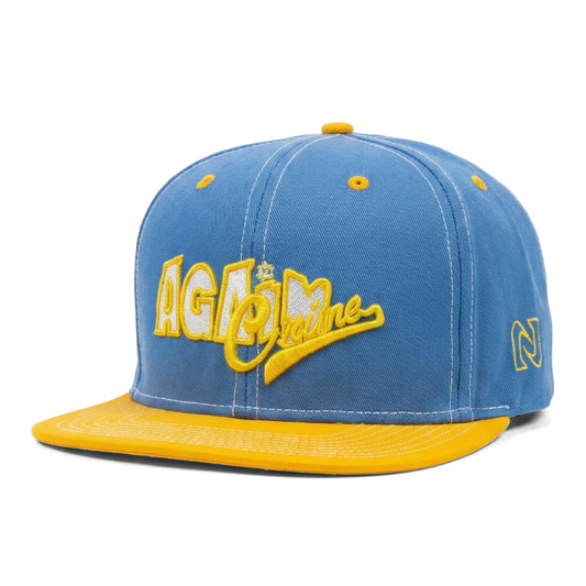 Blue and yellow cap with branding on a white background