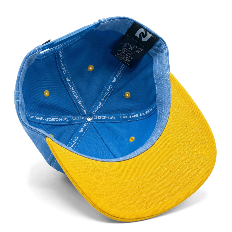 Blue and yellow cap on a white background