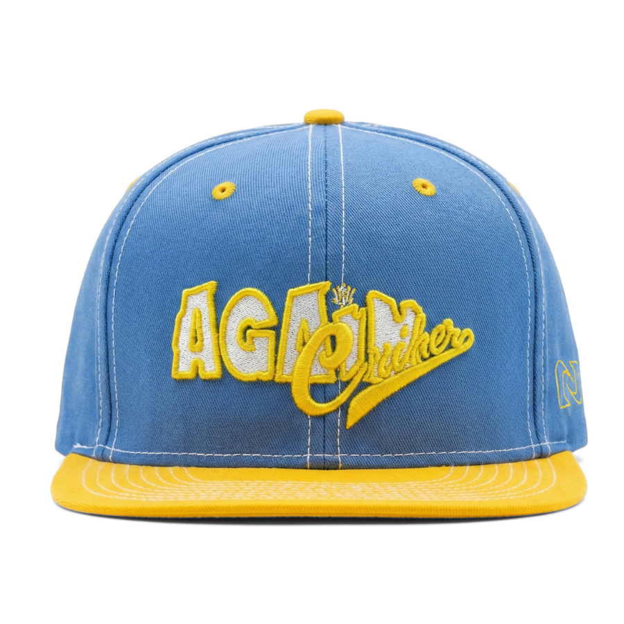 Blue and yellow cap with 'Again' text on a white background