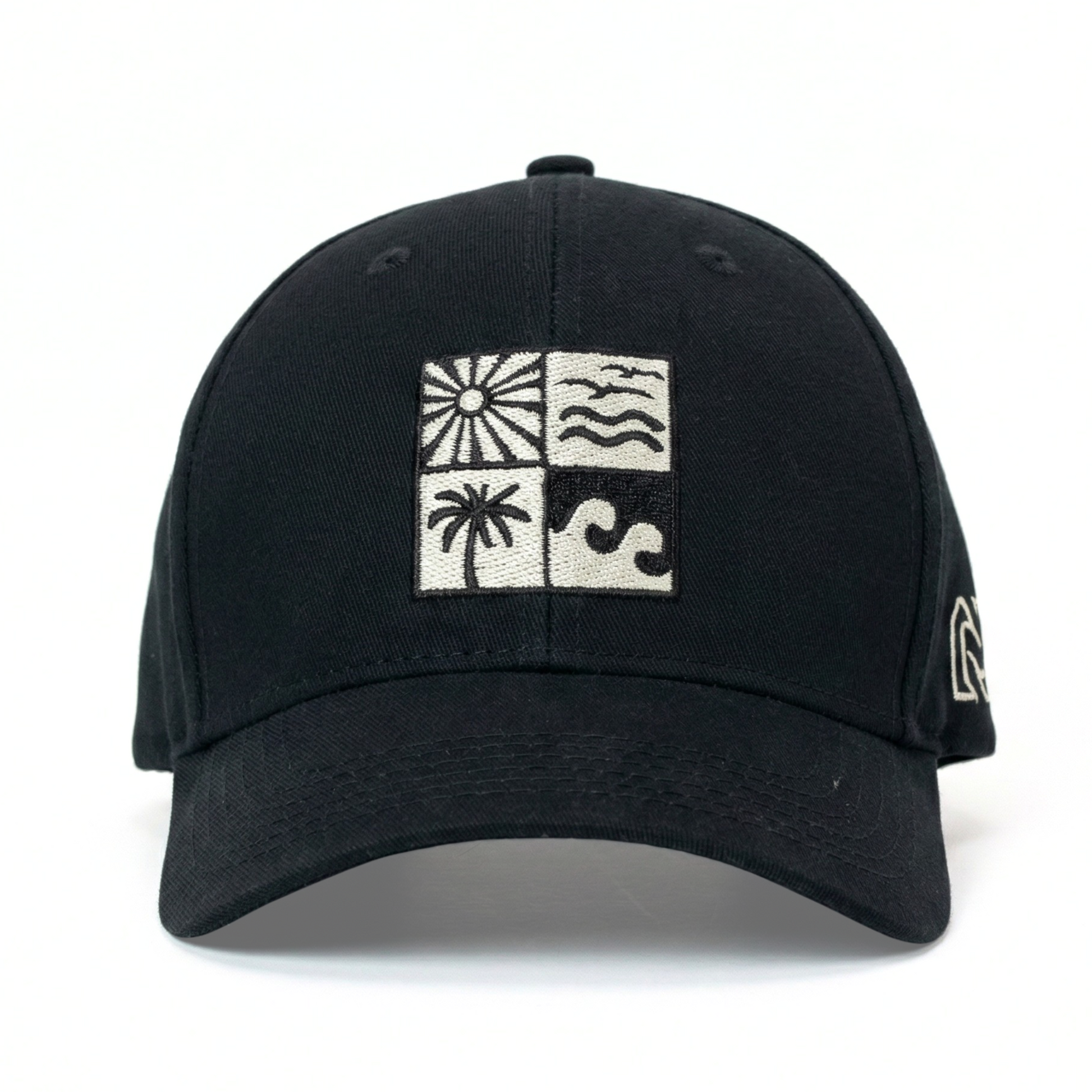 Black cap with white logo on a white background