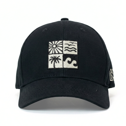 Black cap with white logo on a white background