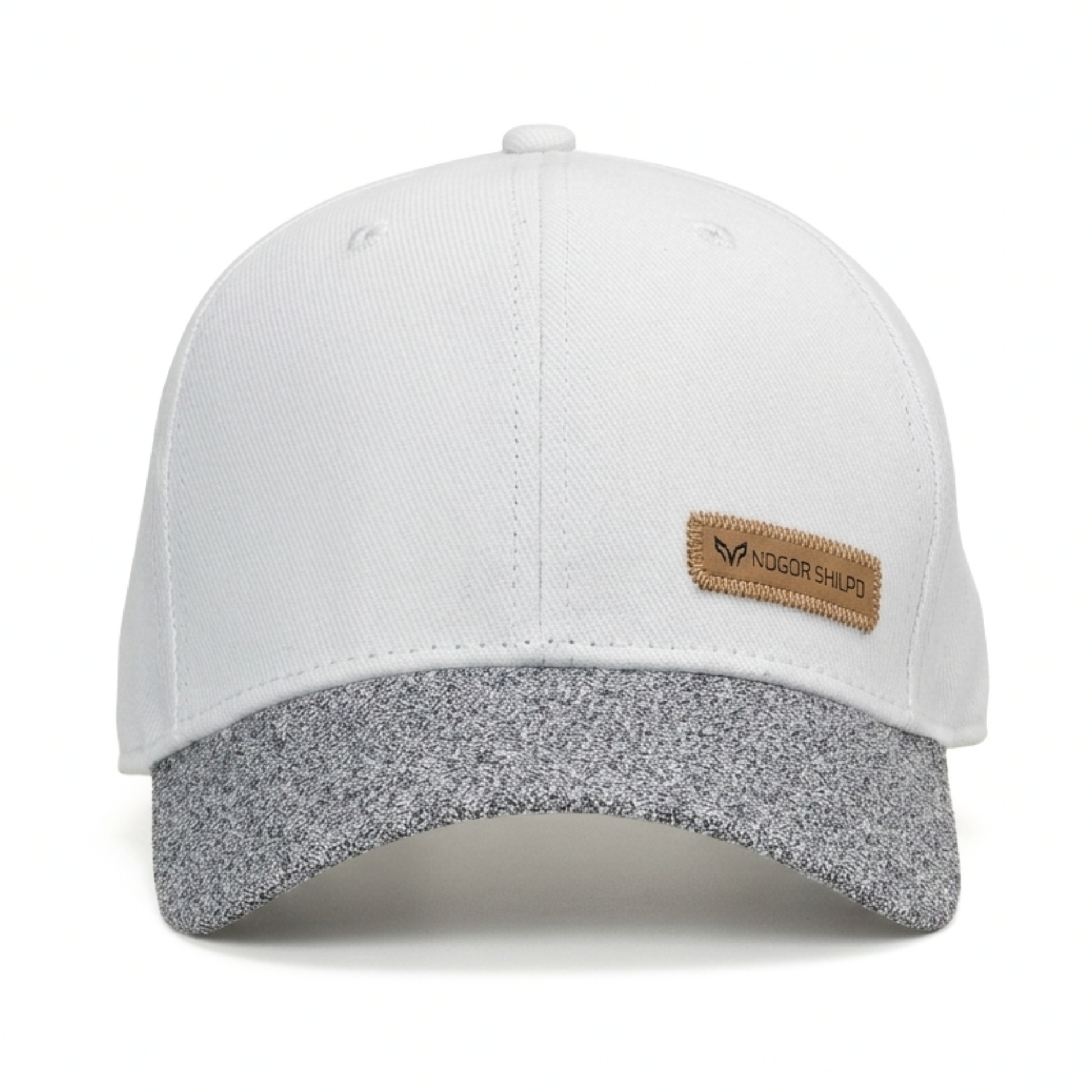 White and gray cap with a brown logo patch on a white background