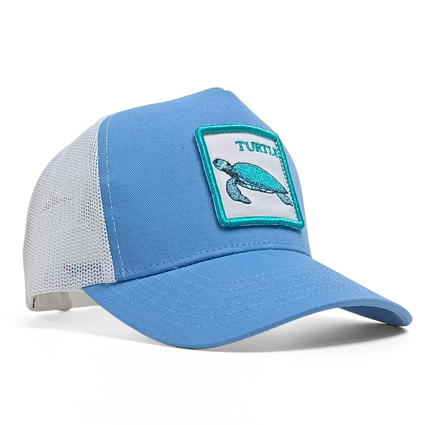 Blue cap with a turtle patch on a white background