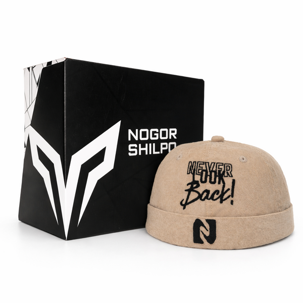 Beige cap with text and black box with logo on a white background