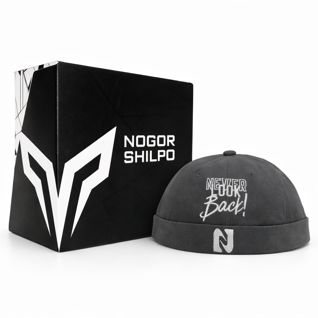 Black cap with 'Never Look Back' text and logo next to a black box with a white logo on a white background