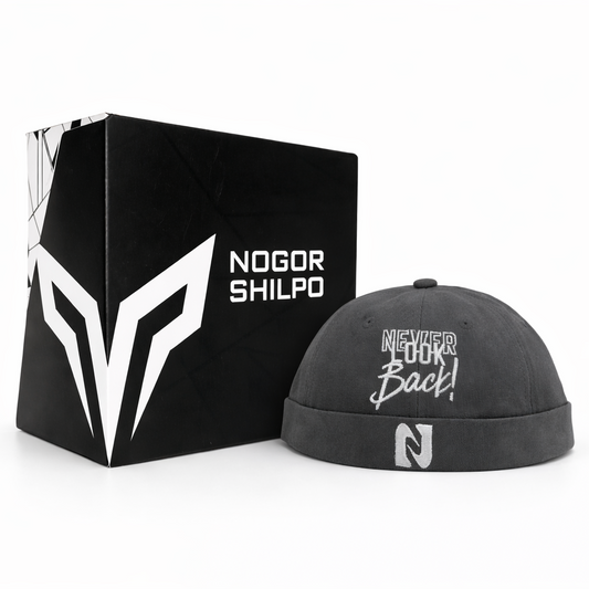 Black cap with 'Never Look Back' text and logo next to a black box with a white logo on a white background