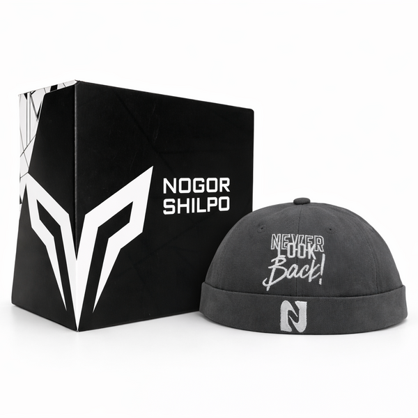 Black cap with 'Never Look Back' text and logo next to a black box with a white logo on a white background