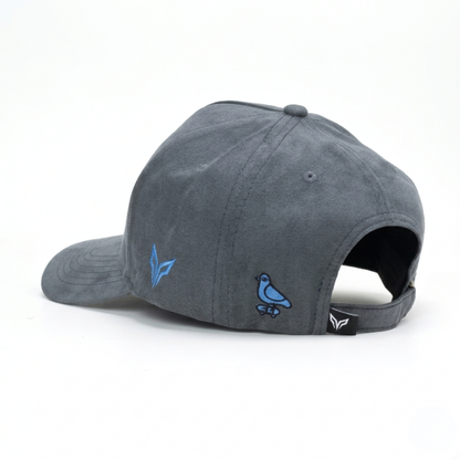 Gray cap with blue bird logo on a white background