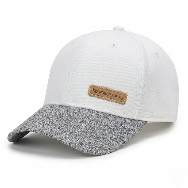 White and gray cap with a brand logo on a white background