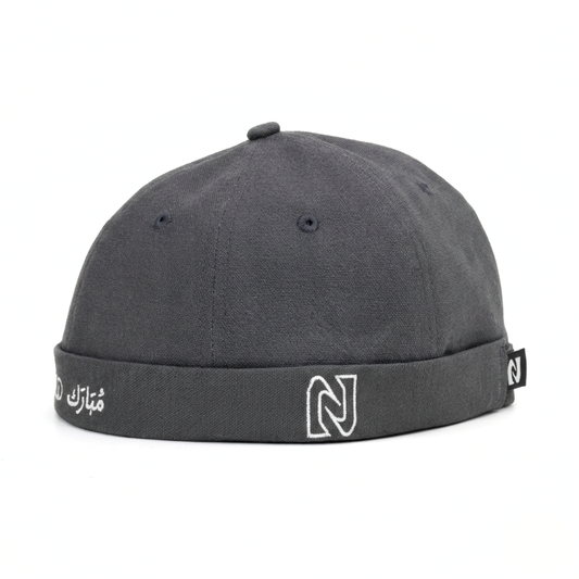 Gray cap with a logo on the brim against a white background