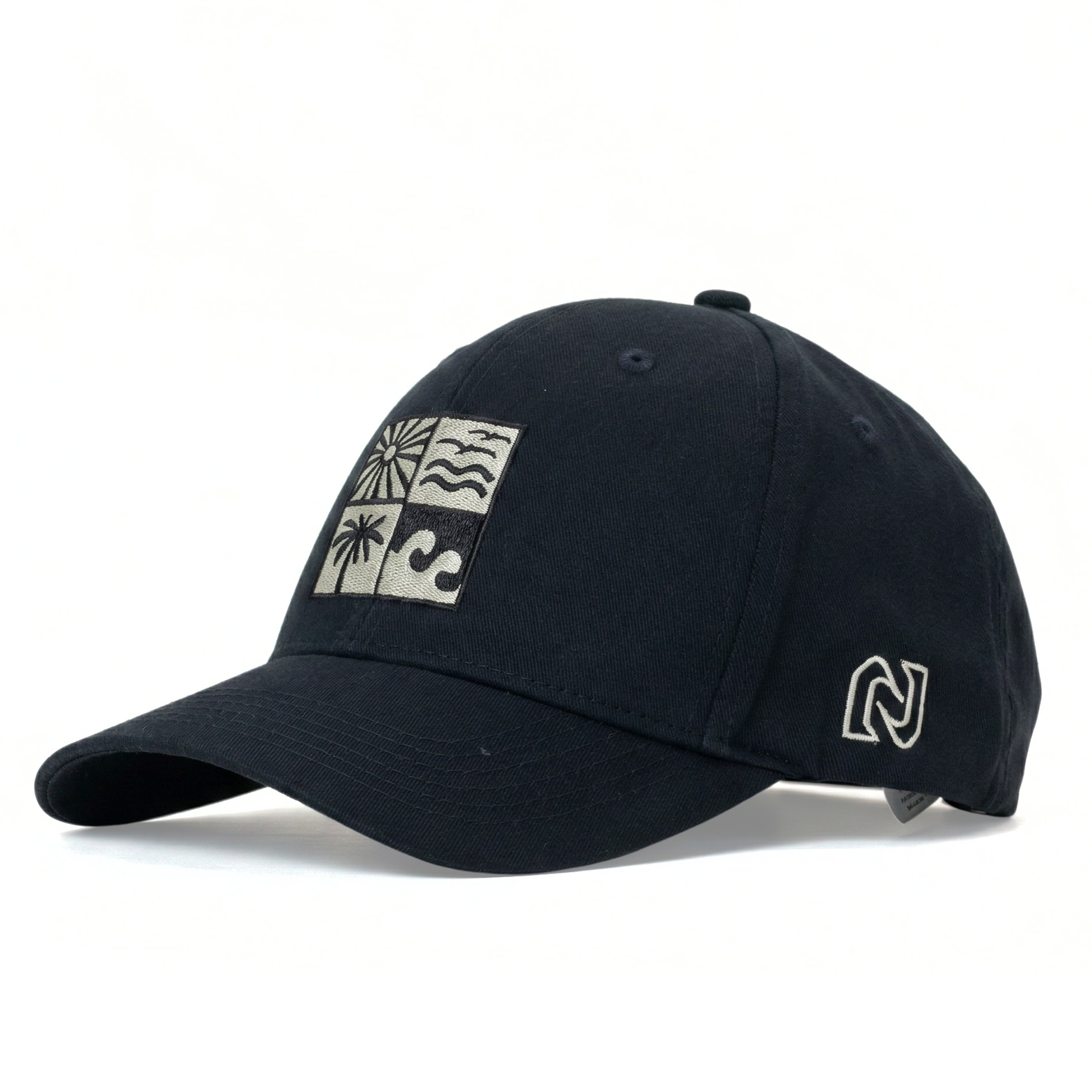 Black cap with a logo on a white background