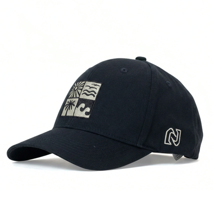 Black cap with a logo on a white background