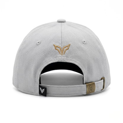 Gray cap with a logo on the back against a white background
