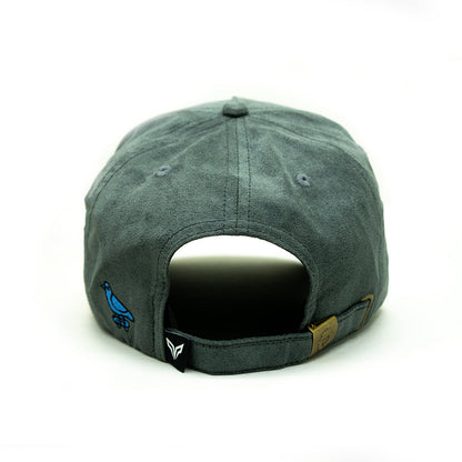 Gray cap with a logo on the back against a white background