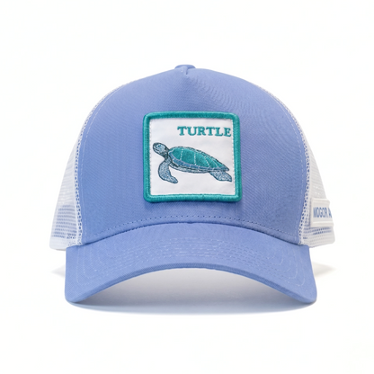 Blue cap with turtle patch on a white background