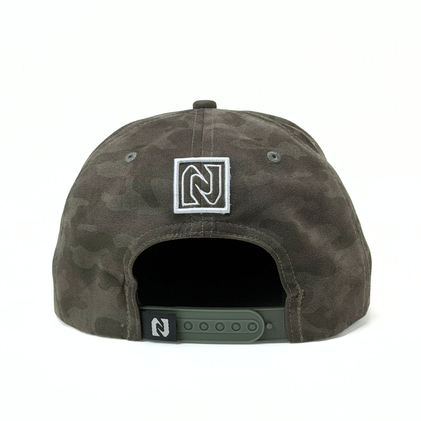 Camouflage-patterned cap with a logo on the back against a white background